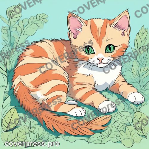 Аниме иллюстрация с заливкой: кот, котёнок и клубок