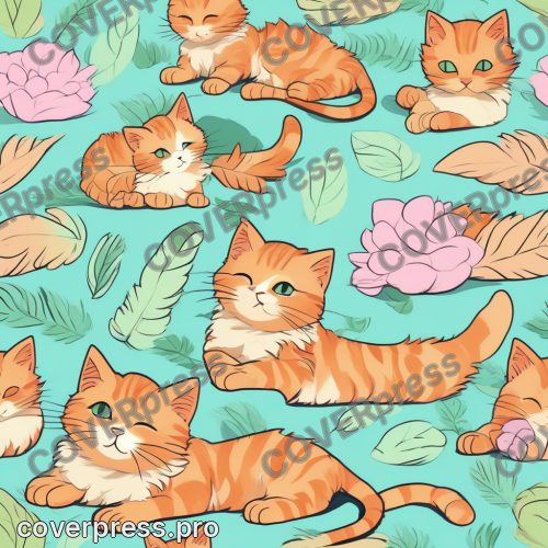 Аниме иллюстрация с заливкой: кот, котёнок и клубок