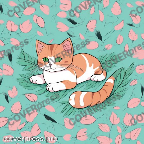 Аниме иллюстрация с заливкой: кот, котёнок и клубок