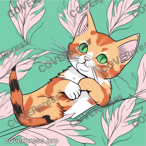 Аниме иллюстрация с заливкой: кот, котёнок и клубок