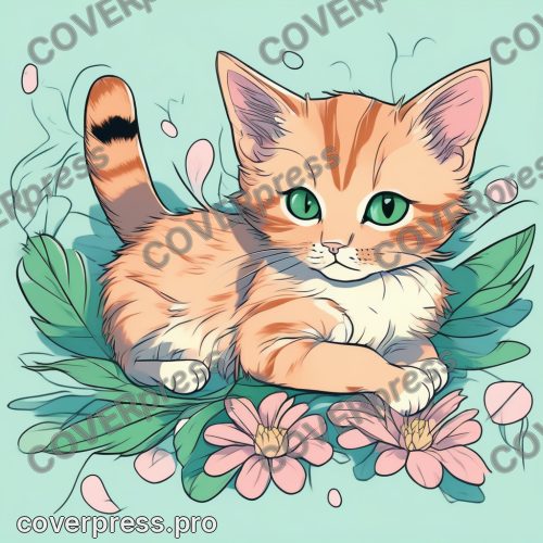 Аниме иллюстрация с заливкой: кот, котёнок и клубок