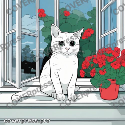 Аниме иллюстрация с заливкой: кот, котёнок и клубок
