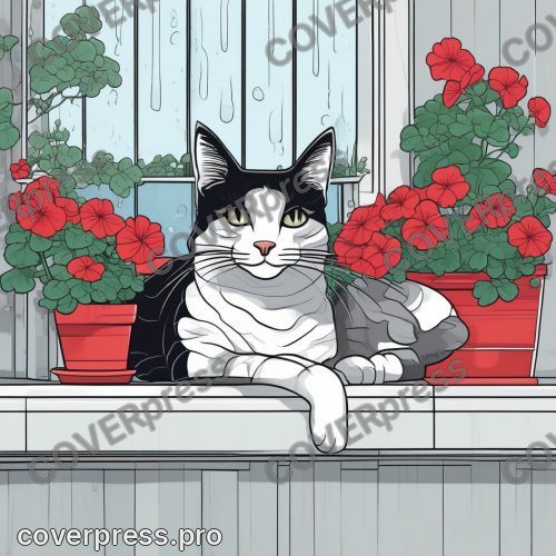 Аниме иллюстрация с заливкой: кот, котёнок и клубок