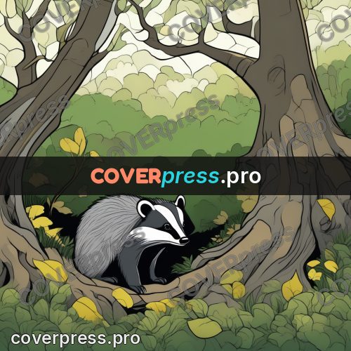 Flat colour anime illustration: badger in the woods