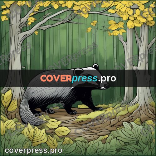 Flat colour anime illustration: badger in the woods