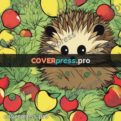 Flat colour anime illustration: hedgehog among apples