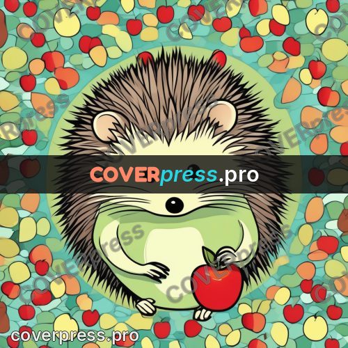 Flat colour anime illustration: hedgehog among apples