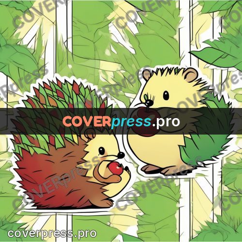 Flat colour anime illustration: hedgehog among apples