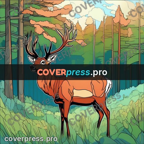 Flat colour anime illustration: deer with antlers in a wood