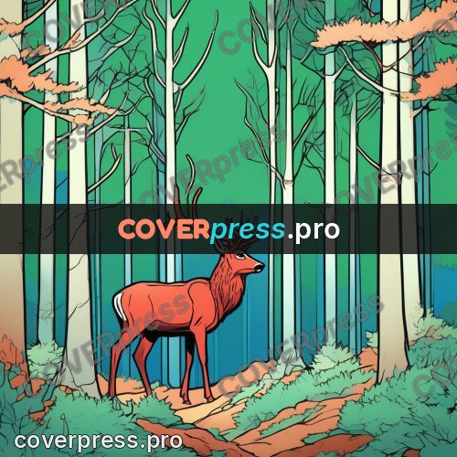 Flat colour anime illustration: deer with antlers in a wood