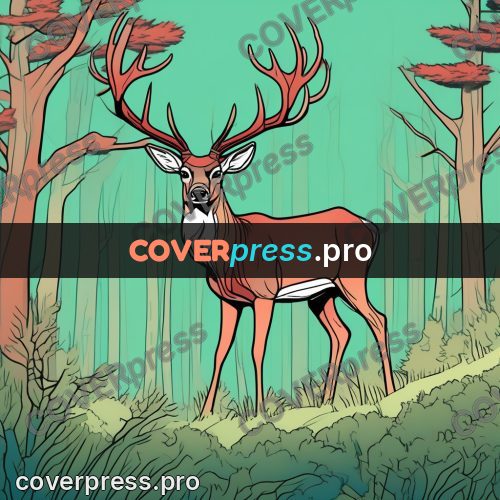 Flat colour anime illustration: deer with antlers in a wood