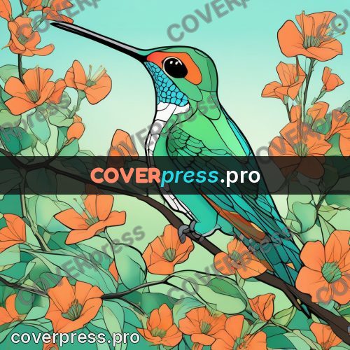 Flat colour anime illustration: hummingbird among orange flowers
