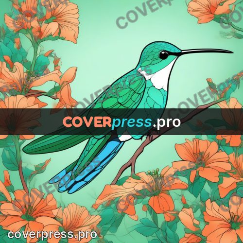 Flat colour anime illustration: hummingbird among orange flowers