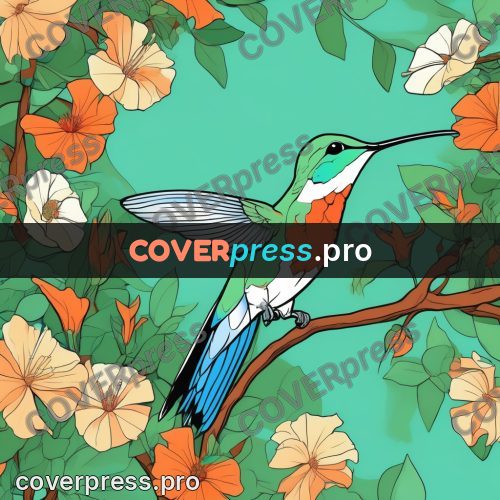 Flat colour anime illustration: hummingbird among orange flowers