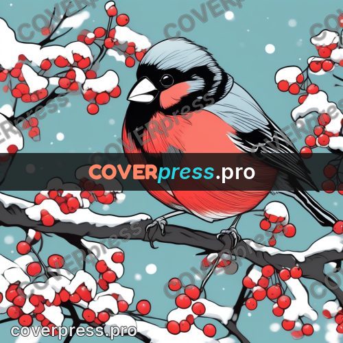 Flat colour anime illustration: bird on a berry branch