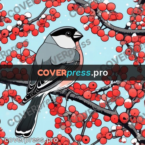 Flat colour anime illustration: bird on a berry branch