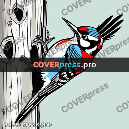 Flat colour anime illustration: woodpecker on a trunk