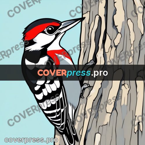 Flat colour anime illustration: woodpecker on a trunk