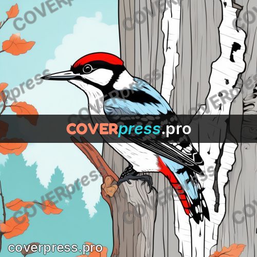 Flat colour anime illustration: woodpecker on a trunk