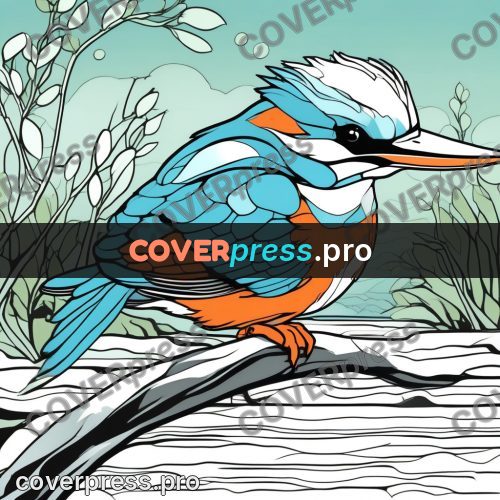 Flat colour anime illustration: kingfisher on a branch