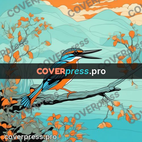 Flat colour anime illustration: kingfisher on a branch