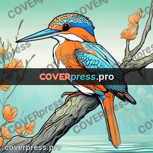 Flat colour anime illustration: kingfisher on a branch