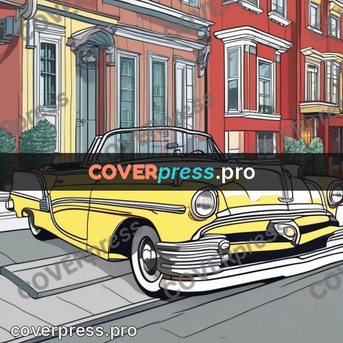 Flat colour anime illustration: retro car by coloured houses