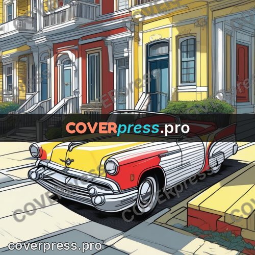 Flat colour anime illustration: retro car by coloured houses