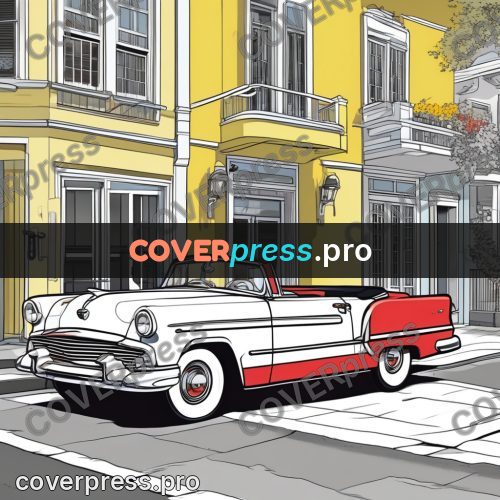 Flat colour anime illustration: retro car by coloured houses