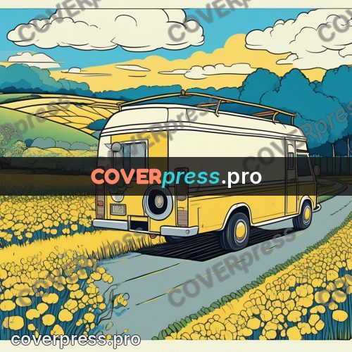 Flat colour anime illustration: van on a road among fields