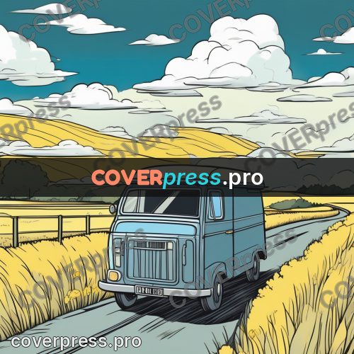 Flat colour anime illustration: van on a road among fields