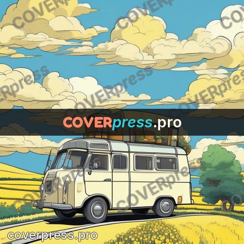 Flat colour anime illustration: van on a road among fields