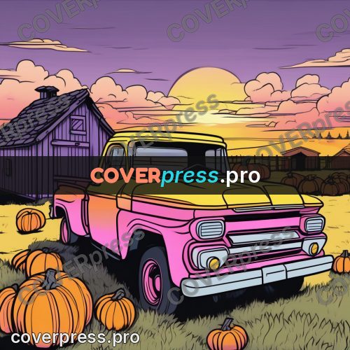 Flat colour anime illustration: pickup truck among pumpkins