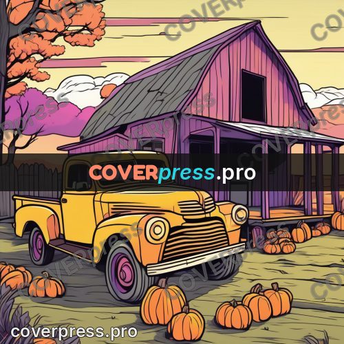 Flat colour anime illustration: pickup truck among pumpkins