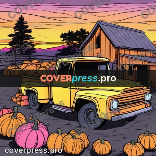 Flat colour anime illustration: pickup truck among pumpkins