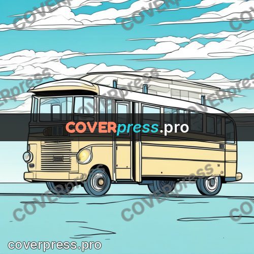 Flat colour anime illustration: retro bus on a road