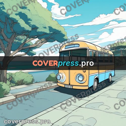 Flat colour anime illustration: retro bus on a road