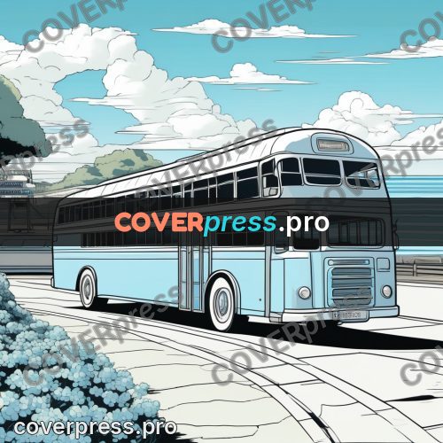 Flat colour anime illustration: retro bus on a road