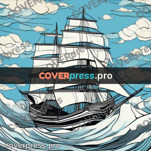 Flat colour anime illustration: sailing ship on high waves
