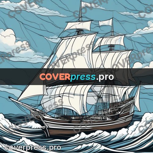 Flat colour anime illustration: sailing ship on high waves
