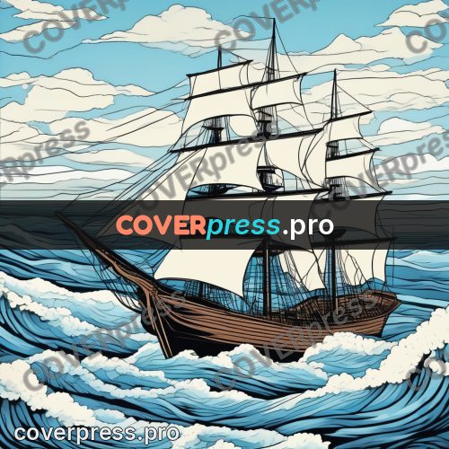 Flat colour anime illustration: sailing ship on high waves