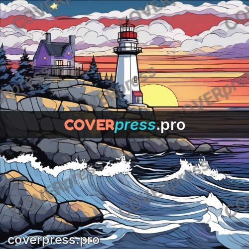 Flat colour anime illustration: lighthouse on rocks by the sea
