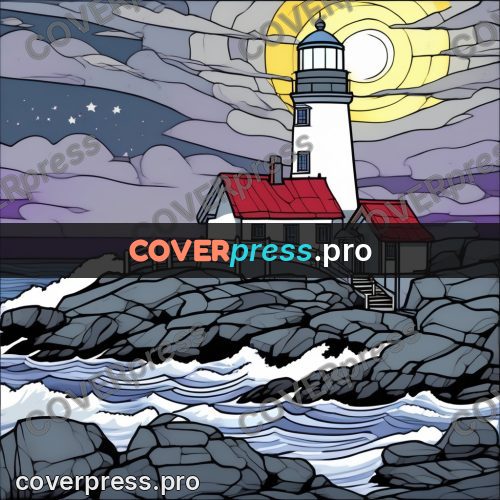 Flat colour anime illustration: lighthouse on rocks by the sea