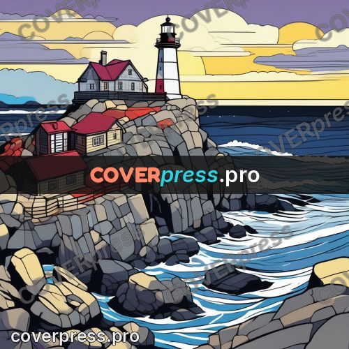 Flat colour anime illustration: lighthouse on rocks by the sea