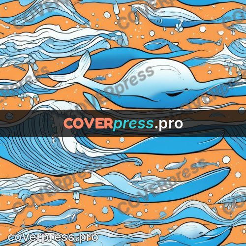 Flat colour anime illustration: whale among the waves