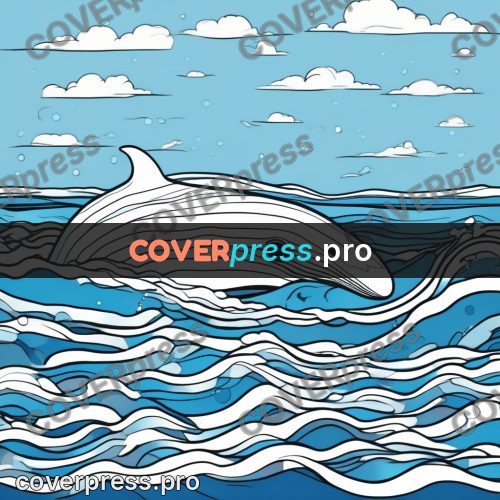 Flat colour anime illustration: whale among the waves