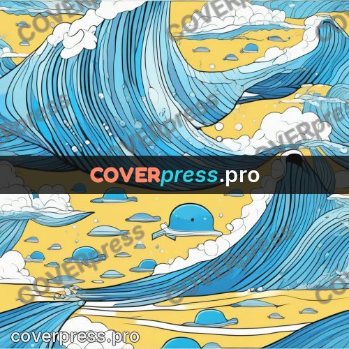 Flat colour anime illustration: whale among the waves