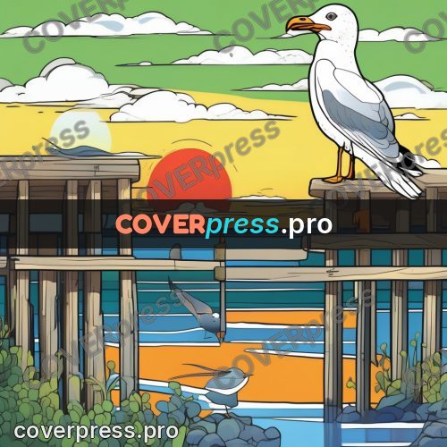 Flat colour anime illustration: gull on a wooden post