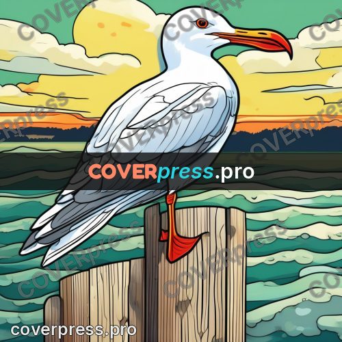 Flat colour anime illustration: gull on a wooden post