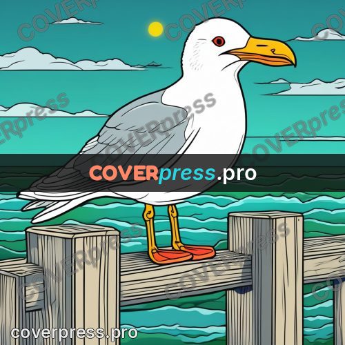 Flat colour anime illustration: gull on a wooden post